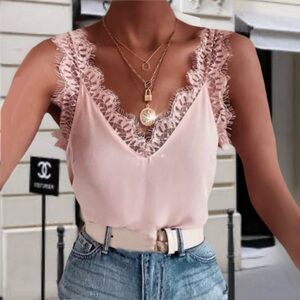 Nwt, Lavishly Paris Pink V-neck Fringed Tank Top. Size Small.